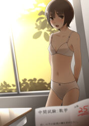 Rule 34 | 1girl, arms behind back, bare shoulders, blurry, blurry background, blurry foreground, blush, bob cut, bow, bow bra, bow panties, bra, breasts, brown eyes, brown hair, bush, classroom, cleavage, collarbone, commentary, cowboy shot, depth of field, desk, embarrassed, foliage, hair between eyes, highres, indoors, looking at viewer, midriff, navel, nose blush, open mouth, original, panties, partially translated, pen-racket, raised eyebrows, school desk, short hair, small breasts, solo, standing, sweat, teeth, academic test, test score, translation request, tree, underwear, underwear only, upper teeth only, white bra, white panties, window