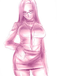 Rule 34 | 1girl, bad id, bad pixiv id, breasts, choker, dodai shouji, glasses, hand on own hip, large breasts, long hair, monochrome, necktie, office lady, original, pencil skirt, sketch, skirt, solo