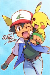 Rule 34 | 1boy, ;d, artist name, ash ketchum, belt, belt buckle, brown belt, brown eyes, buckle, chappy (kanata218), clenched hands, commentary request, creatures (company), dated, fingerless gloves, game freak, gen 1 pokemon, gloves, green gloves, hat, highres, jacket, looking at viewer, male focus, nintendo, one eye closed, open clothes, open jacket, open mouth, pants, pikachu, pokemon, pokemon (anime), pokemon (classic anime), pokemon (creature), shirt, short hair, smile, tongue
