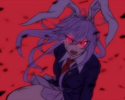 Rule 34 | 1girl, animal ears, rabbit ears, crescent, crescent pin, glowing, glowing eyes, jacket, long hair, long sleeves, looking at viewer, miata (miata8674), necktie, open mouth, purple hair, red background, red eyes, reisen udongein inaba, shirt, simple background, skirt, solo, touhou, vest