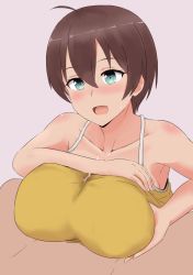 Rule 34 | 10s, 1boy, 1girl, ahoge, blush, breasts, brown hair, clothed female nude male, collarbone, cum, cum on body, cum on breasts, cum on clothes, cum on upper body, green eyes, hetero, highres, large breasts, nao (ritsancrossover), new game!, nude, open mouth, paizuri, paizuri under clothes, shinoda hajime, shirt, short hair, simple background, sleeveless, sleeveless shirt, solo focus, yellow shirt