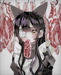 Rule 34 | 1girl, absurdres, animal ears, black dress, black hair, blood, blunt bangs, blush, commentary request, dress, eyelashes, food in mouth, fox ears, fox girl, frilled dress, frills, gauze, grey background, hanataro (sruvhqkehy1zied), high collar, highres, hook, long hair, maid, mole, mole under eye, mouth hold, one eye covered, original, puffy sleeves, raw meat, sidelocks, solo, upper body, yellow eyes