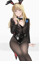Rule 34 | 1girl, absurdres, animal ears, black bow, black bowtie, black coat, black leotard, black pantyhose, blonde hair, bow, bowtie, coat, coattails, commentary request, commission, cowboy shot, detached collar, glasses, highres, leotard, long hair, looking at viewer, nankyoku(artist), pantyhose, perrine h. clostermann, pixiv commission, playboy bunny, rabbit ears, solo, strap slip, strike witches, tailcoat, world witches series, wrist cuffs, yellow eyes