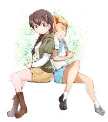 Rule 34 | 2girls, aqua skirt, artist name, back-to-back, bad id, bad pixiv id, black footwear, black neckwear, blue jacket, boots, braid, brown eyes, brown footwear, brown hair, casual, closed mouth, collared shirt, commentary request, closed eyes, from side, girls und panzer, green jacket, hair over shoulder, hands on lap, ivy, jacket, layered sleeves, leg up, loafers, long hair, long sleeves, looking at another, looking back, miniskirt, multiple girls, neck ribbon, open mouth, orange hair, orange pekoe (girls und panzer), own hands together, pleated skirt, ribbon, rukuriri (girls und panzer), shirt, shoes, short hair, short over long sleeves, short sleeves, shorts, signature, single braid, sitting, skirt, sleeping, sleeveless, sleeveless jacket, smile, socks, tsukasa-emon, twitter username, white legwear, white shirt, yellow shorts