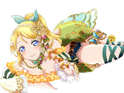 Rule 34 | 1girl, alternate hairstyle, animal print, aqua bow, aqua pants, aqua shorts, artist request, ayase eli, bare legs, bare shoulders, belt, blonde hair, blue eyes, blush, bow, breasts, brown belt, butterfly hair ornament, butterfly print, cleavage, collarbone, cross-laced clothes, cross-laced dress, dress, female focus, flower, frilled dress, frills, green bow, green dress, green ribbon, hair between eyes, hair bobbles, hair bow, hair flower, hair ornament, highres, jewelry, lon (tp414720), long hair, looking at viewer, love live!, love live! school idol festival, love live! school idol festival all stars, love live! school idol project, medium breasts, necklace, pants, parted lips, pearl necklace, ponytail, puffy short sleeves, puffy sleeves, ribbon, ribbon-trimmed legwear, ribbon trim, shi chan1120, short sleeves, shorts, solo, white background