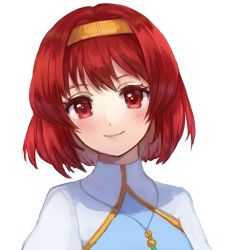 Rule 34 | 1girl, blush, bob cut, dress, fire emblem, fire emblem: mystery of the emblem, fire emblem: shadow dragon, fire emblem heroes, hair intakes, hairband, head tilt, jurge, looking at viewer, maria (fire emblem), nintendo, red eyes, red hair, short hair, simple background, smile, solo, white background, white dress