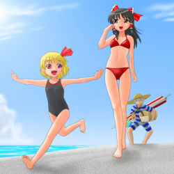 Rule 34 | 00s, 1boy, 2girls, barefoot, beach, bikini, black hair, blonde hair, brown eyes, buront, child, day, embodiment of scarlet devil, feet, final fantasy, final fantasy xi, hakurei reimu, long hair, multiple girls, oka takeshi, one-piece swimsuit, outdoors, outstretched arms, red eyes, rumia, short hair, spread arms, swimsuit, the iron of yin and yang, touhou