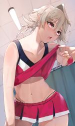 Rule 34 | 1boy, asymmetrical hair, bad id, bad pixiv id, blush, cheerleader, clothes lift, collarbone, commentary request, corrin (fire emblem), corrin (male) (fire emblem), cowboy shot, crossdressing, duplicate, eyelashes, fire emblem, fire emblem fates, hair between eyes, head tilt, highres, indoors, lifting own clothes, looking to the side, male focus, medium hair, midriff, miniskirt, nail polish, navel, nintendo, open mouth, pixel-perfect duplicate, pointy ears, red eyes, red shirt, red skirt, shirt, shirt lift, sidelocks, skirt, sleeveless, sleeveless shirt, solo, sweat, sweatdrop, trap, w (1999 kyu)