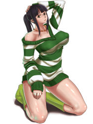 Rule 34 | 1girl, arm up, black hair, boots, bottomless, breasts, collarbone, dress, female focus, fingernails, glasses, green eyes, green footwear, hand on own head, highres, impossible clothes, jewelry, kneeling, knees, large areolae, large breasts, lips, long hair, long sleeves, looking at viewer, necklace, nico robin, off shoulder, one piece, one piece: strong world, ponytail, shadow, shiny skin, simple background, sitting, solo, striped clothes, striped sweater, sueyuu, sweater, sweater dress, thighs, white background