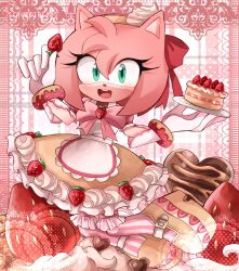 1girl amy_rose amy_rose_(dulce) animal_ears animal_nose bow bowtie cake commentary dessert donut dress food food-themed_clothes fork fruit furry furry_female green_eyes hair_ribbon hedgehog_girl highres holding holding_cake holding_food holding_fork lace lolita_fashion looking_at_viewer mary_janes official_alternate_costume open_mouth pink_fur pink_hair ribbon scruffyart shoes short_hair smile solo sonic_(series) sonic_dash sonic_forces:_speed_battle strawberry strawberry_shortcake sweet_lolita sweets symbol-only_commentary