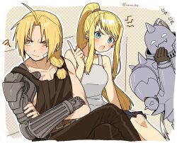 Rule 34 | 1girl, 2boys, alphonse elric, armor, artist name, automail, blonde hair, blue eyes, blush, braid, brothers, closed mouth, commentary request, crossed arms, dress, earrings, edward elric, full armor, fullmetal alchemist, gloves, highres, jewelry, long hair, mechanical arms, multiple boys, nanaki (mkmk 915), open mouth, ponytail, prosthesis, prosthetic arm, shirt, siblings, simple background, single mechanical arm, smile, swept bangs, twitter username, winry rockbell, yellow eyes