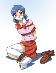 Rule 34 | 1girl, angry, arms behind back, barefoot, bdsm, blue hair, blush, bondage, bound, bow, bowtie, breasts, brown eyes, gag, gagged, hair ornament, hairclip, houshou hanon, improvised gag, looking at viewer, lost one zero, mermaid melody pichi pichi pitch, red skirt, rope, school uniform, shoes, unworn shoes, skirt, socks, socks removed