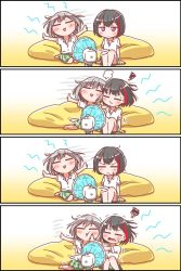 Rule 34 | 2girls, 4koma, puff of air, = =, \o/, aoba moca, arms up, bang dream!, barefoot, bob cut, brown hair, bumping, closed eyes, collared shirt, comic, commentary request, cushion, electric fan, green skirt, grey hair, haneoka school uniform, highres, jitome, knees up, kyou (fr39), mitake ran, motion lines, multicolored hair, multiple girls, open mouth, outstretched arms, purple eyes, pushing away, pushing face, school uniform, scribble, shirt, short hair, short sleeves, silent comic, sitting, skirt, smile, streaked hair, sweatdrop, trembling, triangle mouth, wavy mouth, white skirt