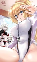 Rule 34 | 3girls, alternate hairstyle, bespectacled, bikini, black bikini, blue eyes, blue jacket, blush, bow, breasts, cleavage, competition swimsuit, covered erect nipples, covered navel, cropped jacket, dated, embarrassed, fate/grand order, fate (series), glasses, hair bow, hairband, high ponytail, highleg, highleg swimsuit, highres, hood, hooded jacket, impossible clothes, indoors, jacket, jeanne d&#039;arc alter (swimsuit berserker) (fate), jeanne d&#039;arc (fate), jeanne d&#039;arc (ruler) (fate), jeanne d&#039;arc (swimsuit archer) (fate), jeanne d&#039;arc (swimsuit archer) (second ascension) (fate), jeanne d&#039;arc alter (fate), jeanne d&#039;arc alter (swimsuit berserker) (fate), jeanne d&#039;arc alter santa lily (fate), large breasts, long hair, looking at viewer, midriff, multiple girls, navel, one-piece swimsuit, open mouth, pale skin, parted lips, pointing, ponytail, rohgun, signature, silver hair, stomach, swimsuit, very long hair, wavy mouth, whistle, white one-piece swimsuit