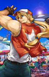 Rule 34 | 1boy, bare shoulders, baseball cap, blonde hair, blue eyes, day, denim, fatal fury, fingerless gloves, from behind, gloves, hat, jeans, long hair, low-tied long hair, male focus, muscular, mystic9904, pants, ponytail, smile, solo, terry bogard, the king of fighters, vest