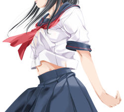 Rule 34 | 1girl, arm at side, bare arms, black hair, black skirt, blouse, breasts, from side, head out of frame, long hair, midriff peek, navel, neckerchief, original, parted lips, pink lips, pleated skirt, red neckerchief, school uniform, serafuku, shirt, short sleeves, simple background, skirt, solo, teraoka kenji, white background, white shirt