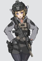 Rule 34 | blonde hair, earmuffs, ellen aice, gloves, gun, hands on own hips, helmet, highres, military, mordeth, muv-luv, muv-luv: dimensions, muv-luv alternative, muv-luv unlimited: the day after, purple eyes, rifle, weapon
