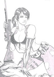 Rule 34 | 1girl, bikini, dannith, front-tie bikini top, front-tie top, greyscale, gun, highres, metal gear (series), metal gear solid v: the phantom pain, monochrome, pantyhose, pantyhose under swimsuit, ponytail, quiet (metal gear), rifle, sniper rifle, solo, swimsuit, thong, torn clothes, torn pantyhose, weapon