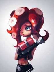 Rule 34 | 1girl, :o, aqua eyes, armor, bike shorts, black gloves, breastplate, crying, crying with eyes open, gloves, gradient background, hair over one eye, holding, long hair, navel, nintendo, no goggles, open mouth, red hair, solo, splatoon (series), splatoon 1, streaming tears, super soaker, takozonesu, takuzou, tears, tentacle hair