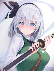 Rule 34 | 1girl, 258n, absurdres, alternate breast size, black hairband, blue eyes, blush, breasts, closed mouth, commentary, grey background, grey hair, hairband, highres, holding, holding sword, holding weapon, konpaku youmu, large breasts, long sleeves, looking at viewer, short hair, simple background, solo, sword, symbol-only commentary, touhou, upper body, v-shaped eyebrows, weapon