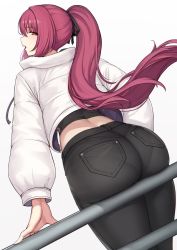 Rule 34 | 1girl, ass, ass support, blue pants, breasts, casual, curvy, denim, evan yang, fate/grand order, fate (series), from behind, hair between eyes, highres, huge ass, jeans, large breasts, long hair, looking at viewer, looking back, midriff, pants, pantylines, parted lips, ponytail, purple hair, red eyes, scathach (fate), shirt, sidelocks, simple background, solo, thighs, very long hair, wide hips