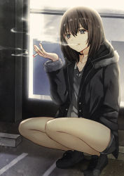 Rule 34 | 1girl, black footwear, brown eyes, brown hair, cigarette, coat, collarbone, full body, hair between eyes, holding, holding cigarette, kurata rine, light smile, looking at viewer, original, outdoors, parking lot, parted lips, revision, shoes, short hair, smoke, smoking, solo, squatting, winter clothes, winter coat