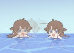 Rule 34 | 1girl, :d, afterimage, ahoge, amemiya sekira, bare arms, bare legs, bare shoulders, barefoot, black-framed eyewear, blue eyes, blue one-piece swimsuit, blue sky, brown hair, chibi, commentary request, day, flash step, glasses, hair between eyes, long hair, looking at viewer, one-piece swimsuit, open mouth, original, outdoors, partially submerged, sekira ame, semi-rimless eyewear, sky, smile, solo, swimsuit, two side up, under-rim eyewear, very long hair, water