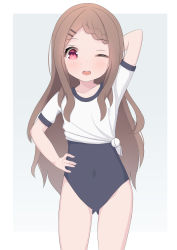 Rule 34 | 1girl, absurdres, aoba kokona, arm behind head, arm up, bad id, bad pixiv id, blue one-piece swimsuit, braid, brown eyes, brown hair, covered navel, gluteal fold, hair ornament, hairclip, hand on own hip, highres, kaneko14, long hair, one-piece swimsuit, one eye closed, open mouth, school swimsuit, shirt, short sleeves, solo, swimsuit, swimsuit under clothes, thighs, white shirt, yama no susume