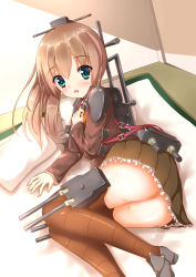 Rule 34 | 10s, 1girl, aqua eyes, bad id, bad pixiv id, blazer, blush, brown hair, brown thighhighs, cannon, futon, hair ornament, hairclip, jacket, kantai collection, kumano (kancolle), long hair, on bed, open mouth, personification, ponytail, school uniform, skirt, smile, solo, suzuame yatsumi, tatami, thighhighs, turret