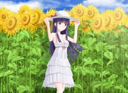 Rule 34 | 1girl, absurdres, adjusting clothes, adjusting headwear, arms up, black hair, blunt bangs, bow, breasts, cleavage, day, dress, flower, hat, hat bow, highres, long hair, medium breasts, original, outdoors, red bow, red eyes, red ribbon, ribbon, shouu, solo, standing, sunflower, very long hair, white dress, white hat