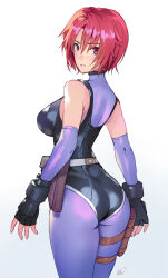 Rule 34 | 1girl, ass, bare shoulders, black gloves, black leotard, bodysuit, breasts, capcom, commentary request, commission, dino crisis, elbow gloves, fingerless gloves, from behind, gloves, highres, large breasts, leotard, looking at viewer, matsuda (matsukichi), parted lips, pixiv commission, red eyes, red hair, regina (dino crisis), short hair, simple background, skin tight, smile, solo, turtleneck, white background