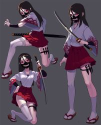 Rule 34 | 1girl, armor, asymmetrical legwear, brown hair, closed mouth, fkey, grey background, hair between eyes, holding, holding sword, holding weapon, japanese armor, japanese clothes, katana, kunai, long hair, mask, menpoo, miko, mismatched legwear, multiple views, original, red eyes, scabbard, sheath, sheathed, simple background, skirt, stance, sword, thighhighs, weapon, white thighhighs