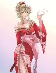 Rule 34 | 1girl, aged up, alternate costume, alternate hairstyle, bare shoulders, bow, breasts, cleavage, collarbone, commentary, dress, english commentary, fire emblem, fire emblem awakening, floral print, flower, folding fan, green eyes, green hair, hair between eyes, hair flower, hair ornament, hair ribbon, hand fan, highres, holding, holding fan, japanese clothes, jewelry, kimono, long sleeves, looking at viewer, medium breasts, nintendo, obi, petals, pink bow, pink flower, pointy ears, ponytail, print kimono, red dress, red ribbon, ribbon, sakuremi, sash, simple background, smile, solo, teeth, tiara, tiki (adult) (fire emblem), tiki (fire emblem), yukata