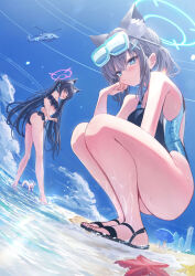 Rule 34 | 4girls, absurdres, aircraft, animal ear fluff, animal ears, bare shoulders, beach, bikini, black bikini, black hair, black one-piece swimsuit, blue archive, blue eyes, blush, breasts, cat ears, cloud, competition swimsuit, cross hair ornament, extra ears, eyewear on head, frilled bikini, frills, goggles, goggles on head, grey hair, hair ornament, halo, helicopter, higashigure, highres, hoshino (blue archive), hoshino (swimsuit) (blue archive), inflatable toy, inflatable whale, long hair, looking at viewer, medium breasts, medium hair, mismatched pupils, multicolored clothes, multiple girls, nonomi (blue archive), nonomi (swimsuit) (blue archive), ocean, off-shoulder bikini, off shoulder, official alternate costume, one-piece swimsuit, outdoors, pink hair, ponytail, red eyes, sandals, serika (blue archive), serika (swimsuit) (blue archive), shiroko (blue archive), shiroko (swimsuit) (blue archive), sky, squatting, starfish, swimsuit, thighs, twintails, very long hair, wet, white bikini, wolf ears