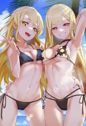 Rule 34 | 2girls, :d, absurdres, arm up, armpits, bang dream!, barbell piercing, bare shoulders, bikini, black bikini, black choker, blonde hair, blue nails, blue sky, blush, bracelet, breast press, breasts, choker, cleavage, cloud, collarbone, colored tips, commentary request, commission, cowboy shot, day, ear piercing, female focus, floral print, gluteal fold, gradient hair, grin, groin, gyaru, hair between eyes, hand on another&#039;s hip, highres, jewelry, kagami (haret46), kirigaya toko, kitagawa marin, lens flare, long hair, looking at viewer, medium breasts, multi-strapped bikini, multi-strapped bikini bottom, multicolored hair, multiple girls, nail polish, navel, o-ring, o-ring bikini, o-ring top, ocean, open mouth, outdoors, palm tree, partial commentary, piercing, print bikini, red eyes, red hair, shadow, side-tie bikini bottom, sidelocks, signature, skeb commission, sky, smile, sono bisque doll wa koi wo suru, standing, stomach, suguta hina, swept bangs, swimsuit, symmetrical docking, teeth, thigh gap, trait connection, tree, underboob, upper teeth only, v, voice actor connection, wavy hair, yellow eyes