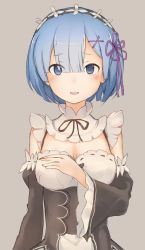 Rule 34 | 10s, 1girl, bad id, bad pixiv id, blue eyes, blue hair, blunt bangs, blush, breasts, cleavage, detached sleeves, eyebrows, eyes visible through hair, grey background, guanhian, hair ornament, hand on own chest, highres, looking at viewer, maid, maid headdress, matching hair/eyes, muted color, open mouth, re:zero kara hajimeru isekai seikatsu, red ribbon, rem (re:zero), ribbon, ribbon trim, short hair, simple background, sketch, solo, tears, upper body, wide sleeves, x hair ornament