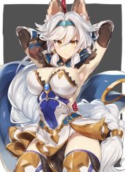 Rule 34 | 1girl, animal ears, armor, armored dress, armpits, arms behind head, backless outfit, bad id, bad pixiv id, braid, breasts, detached sleeves, dress, erune, granblue fantasy, hair intakes, hair tubes, heles, large breasts, long hair, looking at viewer, pokoten (pokoten718), short dress, silver hair, single braid, smile, solo, very long hair, yellow eyes