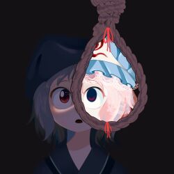 Rule 34 | 1girl, black background, clem (calmeremerald), commentary, dual persona, english commentary, highres, noose, open mouth, pink hair, red eyes, rope, saigyouji yuyuko, saigyouji yuyuko (living), simple background, touhou, upper body
