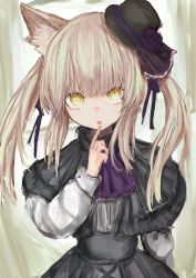 Rule 34 | 1girl, absurdres, animal ear fluff, animal ears, black capelet, black headwear, black skirt, brown hair, capelet, fang, finger to mouth, hand up, highres, long hair, long sleeves, looking at viewer, original, parted lips, piennamekuzi, puffy long sleeves, puffy sleeves, shirt, sidelocks, sketch, skirt, solo, tilted headwear, twintails, white shirt, yellow eyes