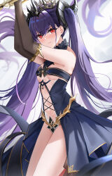 Rule 34 | 1girl, arms up, azur lane, breasts, clothing cutout, crown, dress, elbow gloves, felix schultz (azur lane), gloves, highres, horns, navel, purple hair, qing wu, red eyes, showgirl skirt, sleeveless, sleeveless dress, small breasts, solo, stomach cutout, thorns, twintails