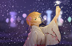 Rule 34 | 1girl, absurdres, ahoge, artoria pendragon (fate), blonde hair, braid, cherry blossoms, er ci gudu, snowing, fate/grand order, fate/stay night, fate (series), fireworks, floral print, flower, french braid, green eyes, hair flower, hair ornament, highres, japanese clothes, kimono, looking at viewer, smile, snow, solo, sparkler, wide sleeves, winter, yukata