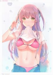 Rule 34 | 1girl, 6u (eternal land), absurdres, arm behind back, bikini, bikini under clothes, blouse, blush, breasts, gradient background, hand up, hat, highres, holding, large breasts, long hair, looking at viewer, medium breasts, mouth hold, navel, original, pink bikini, pink hair, scan, shiny skin, shirt, short sleeves, side-tie bikini bottom, simple background, smile, solo, stomach, swimsuit, two side up, unworn hat, unworn headwear, v, white shirt, yellow eyes