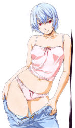 Rule 34 | 1girl, ayanami rei, blue hair, bow, bow panties, breasts, camisole, clothes pull, denim, horibe hiderou, jeans, midriff, neon genesis evangelion, aged up, panties, pants, pants pull, pink panties, pulled by self, red eyes, short hair, small breasts, solo, standing, underwear, undressing