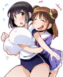 Rule 34 | 10s, 2girls, :d, :o, ^ ^, black hair, blush, grabbing another&#039;s breast, breasts, brown hair, buruma, character request, double bun, dress, covered erect nipples, closed eyes, flying sweatdrops, frilled skirt, frills, grabbing, gym uniform, huge breasts, idolmaster, idolmaster cinderella girls, multiple girls, munakata atsumi, open mouth, outline, semahiro, short hair, simple background, skirt, smile, takafuji kako, thighs, white background, yellow eyes, yuri