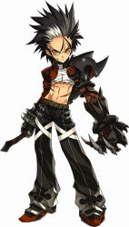 Rule 34 | 1boy, armor, black hair, black pants, claws, elsword, expressionless, full body, gloves, male focus, mechanical arms, multicolored hair, official art, over taker (elsword), pants, raven cronwell, ress, scar, shoes, single mechanical arm, solo, spiked hair, standing, streaked hair, sword, topless male, two-tone hair, weapon, white background, white hair, yellow eyes