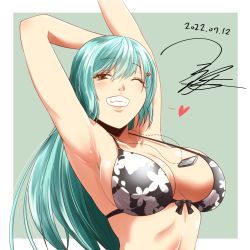 Rule 34 | 1girl, armpits, arms up, bikini, black bikini, blush, breasts, dated, green hair, grin, hair between eyes, heart, kantai collection, large breasts, long hair, navel, one eye closed, signature, smile, solo, suzuya (kancolle), swimsuit, upper body, yellow eyes, yua (checkmate)