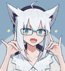Rule 34 | 1girl, :d, ahoge, animal ear fluff, animal ears, aqua eyes, beret, bespectacled, black hat, blue-framed eyewear, blue background, braid, collarbone, double fox shadow puppet, fang, fox ears, fox shadow puppet, glasses, hat, highres, hololive, looking at viewer, open mouth, papaia (quentingqoo), portrait, shirakami fubuki, shirakami fubuki (street), shirt, short hair, side braid, silver hair, skin fang, smile, solo, star (symbol), star in eye, symbol in eye, two-tone background, v-shaped eyebrows, virtual youtuber, white shirt