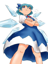 Rule 34 | 1girl, blue bow, blue dress, blue eyes, blue hair, bow, cirno, crossed arms, dress, from below, hair bow, ice, ice wings, looking at viewer, looking down, red lark mk2, simple background, solo, standing, touhou, white background, wings