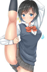 Rule 34 | 1girl, arm above head, black hair, black panties, black skirt, black socks, blue eyes, blue sweater vest, blush, bracelet, breasts, closed mouth, collared shirt, commentary request, hair ornament, hairclip, highres, jewelry, kneepits, leg up, legs, long sleeves, looking at viewer, medium breasts, mole, mole on leg, mole on thigh, mole under eye, original, panties, pleated skirt, red neckwear, school uniform, shirt, short hair, simple background, skirt, smile, socks, solo, split, spread legs, standing, standing on one leg, standing split, sunsun2812, sweater vest, thighs, underwear, uniform, white background, white shirt