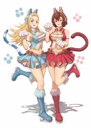 Rule 34 | 10s, 2girls, :d, absurdres, animal ears, animal hands, bad id, bad pixiv id, belt, blonde hair, blue eyes, blush, boku no hero academia, boots, breasts, brown eyes, cat ears, cat tail, cbmus, facial mark, fake animal ears, frilled skirt, frills, full body, gloves, headphones, high heel boots, high heels, highres, large breasts, leg up, long hair, mandalay (boku no hero academia), midriff, multiple girls, navel, open mouth, paw gloves, paw pose, pixie-bob (boku no hero academia), shadow, short hair, simple background, skirt, smile, tail, user 10841, whisker markings, white background